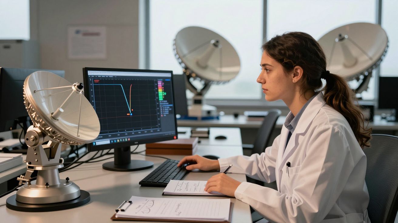 Cientista com jaleco branco analisa dados num monitor ao lado de antenas e equipamento de laboratório.