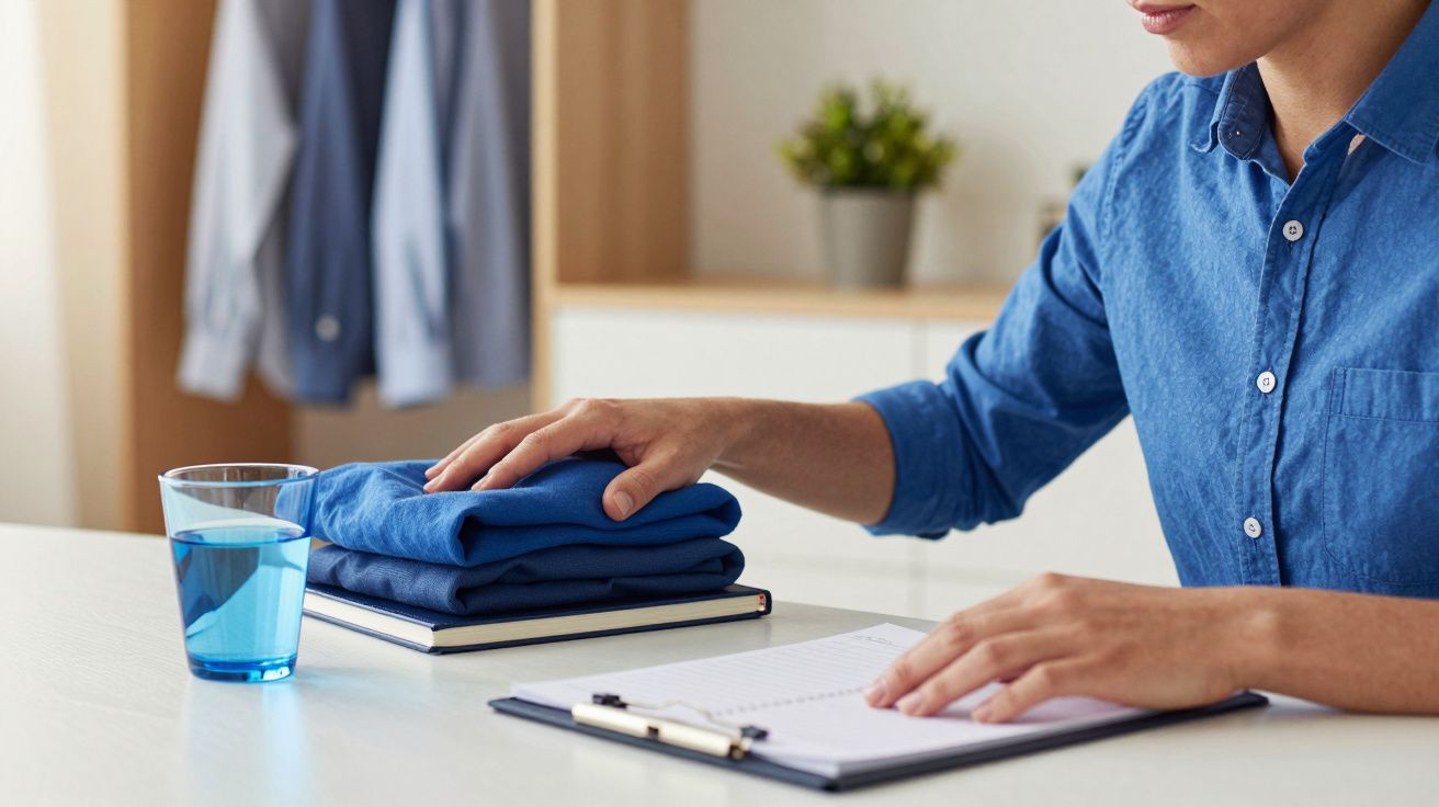 Pessoa a organizar roupas azuis sobre um caderno, com um copo de água ao lado, numa mesa branca.