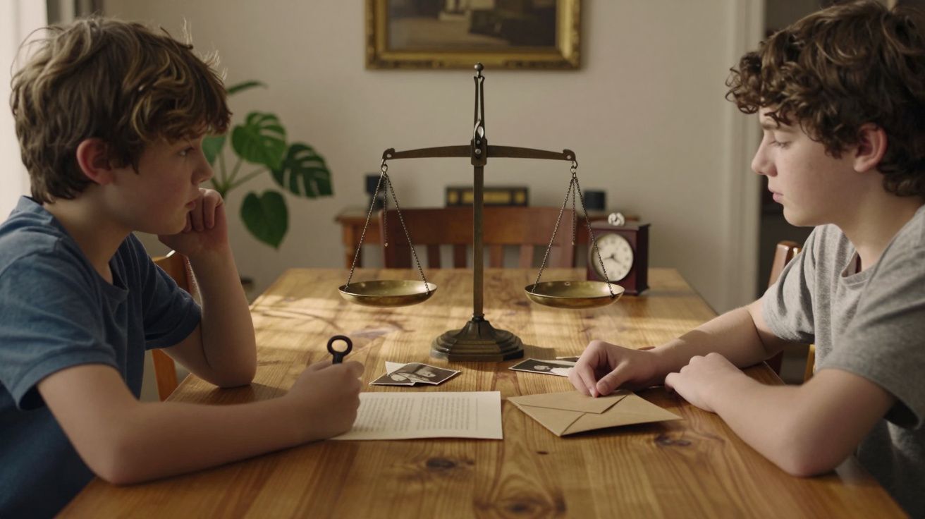 Dois rapazes numa mesa com uma balança, fotos antigas e envelope.