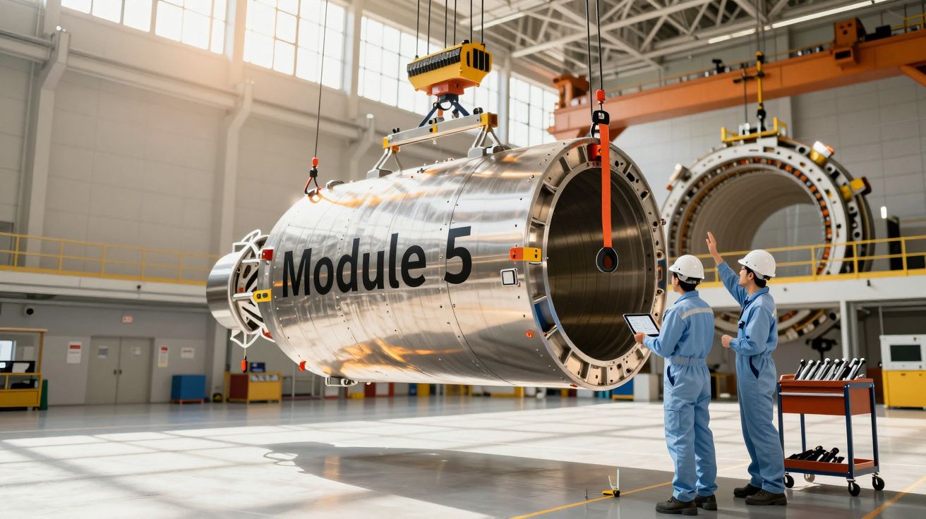 Dois engenheiros numa fábrica supervisionam a instalação de um módulo metálico grande suspenso por um guindaste.