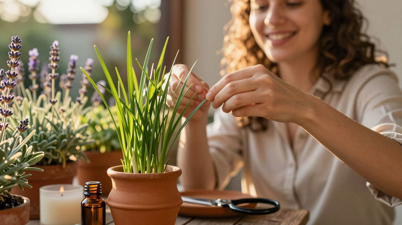 Mulher sorridente cuida de plantas em vasos de barro numa mesa ao ar livre, com luz suave do sol.
