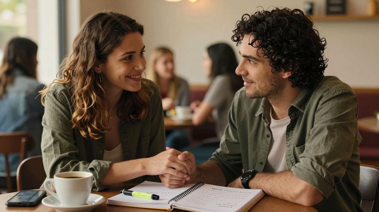 Dois jovens sentados num café, a sorrirem e a segurarem as mãos, com cadernos e café na mesa.