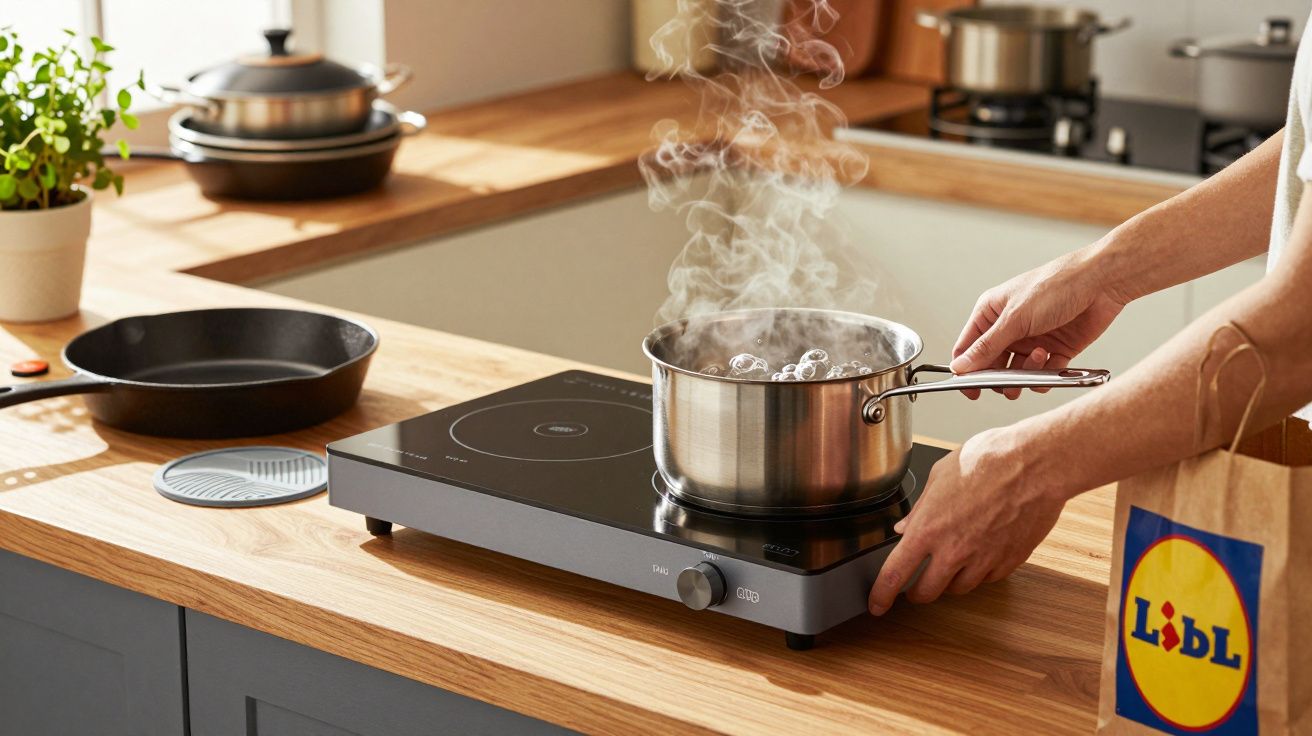 Pessoa cozinha numa placa de indução com panela a ferver, numa cozinha clara e moderna.