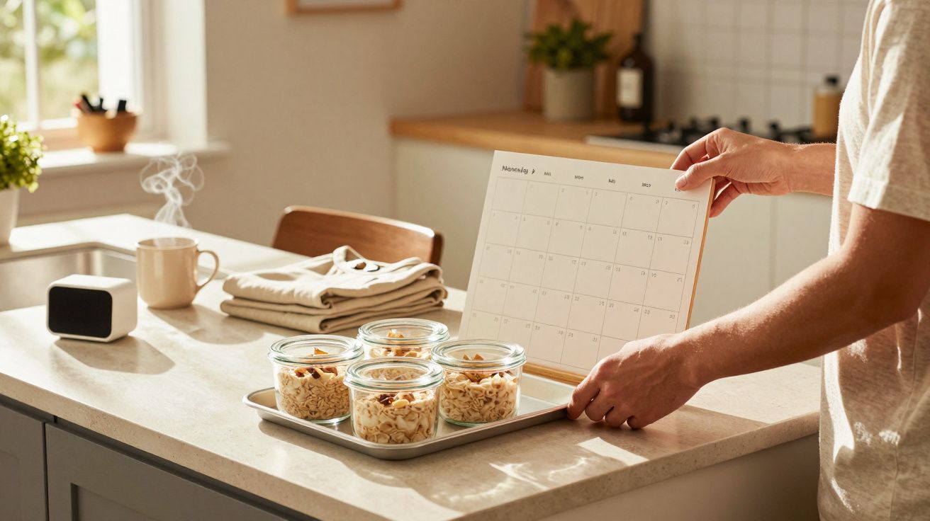Pessoa segura calendário e bandeja com frascos de granola numa cozinha iluminada pelo sol.