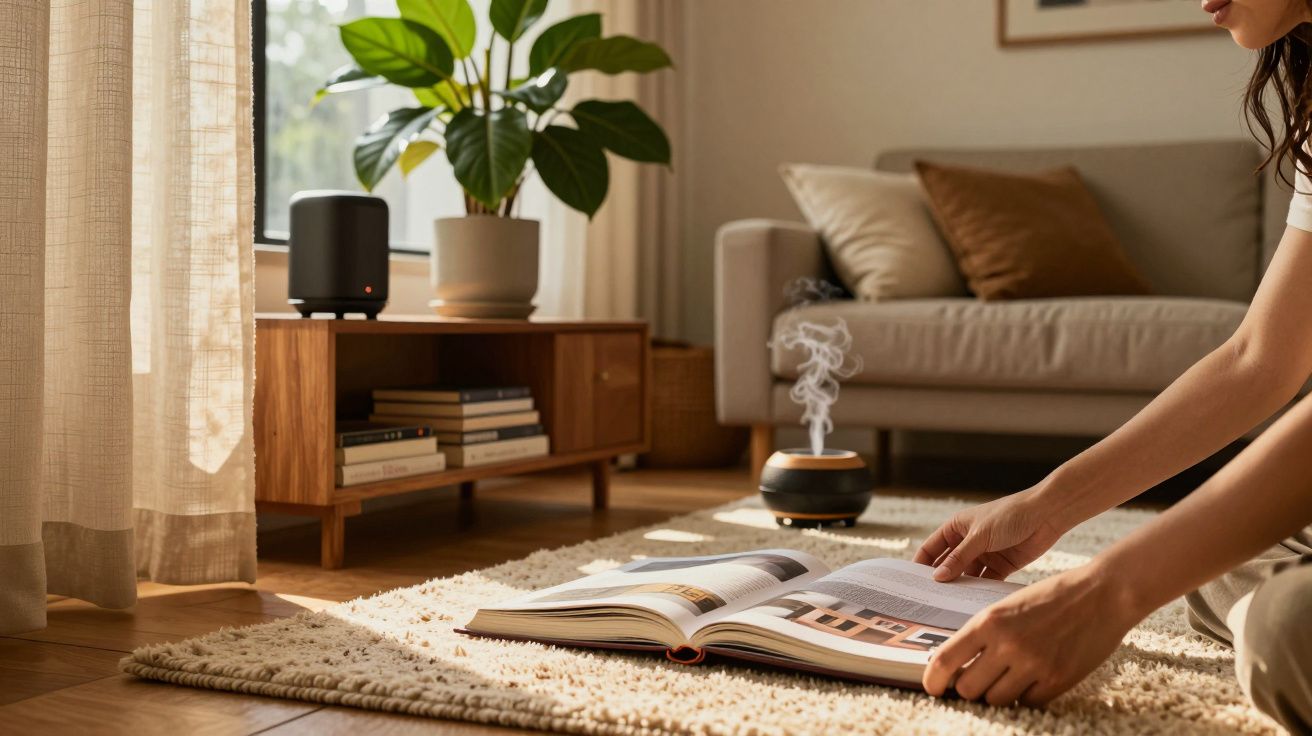 Sala de estar com sofá, planta, estante com livros e coluna, livro aberto no chão e pessoa sentada lendo.
