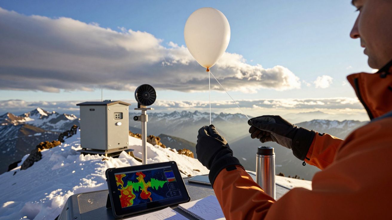 Pessoa lança balão meteorológico numa montanha nevada com tablet exibindo dados climáticos.