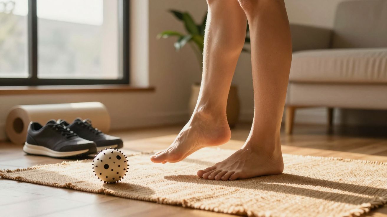 Pé descalço apoiado em tapete, junto a bola de massagem branca com pinos, calçado desportivo ao fundo.