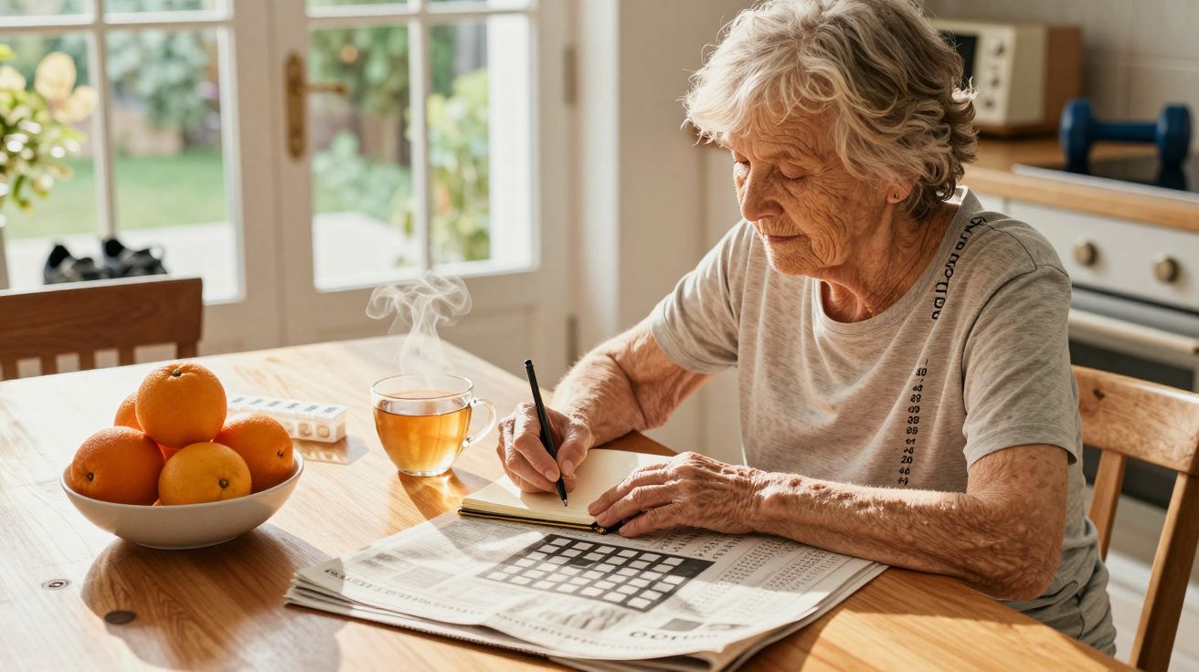 Idosa fazendo palavras cruzadas à mesa, com chá e fruta ao lado. Ambiente de cozinha iluminada pela luz solar.