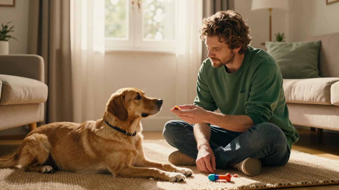 Homem sentado numa carpete interactua com um cão castanho numa sala iluminada.