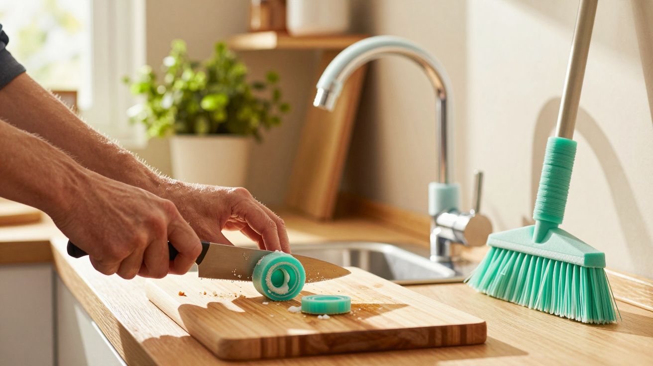 Pessoa a cortar vegetais num balcão de cozinha com pia e vassoura ao fundo.
