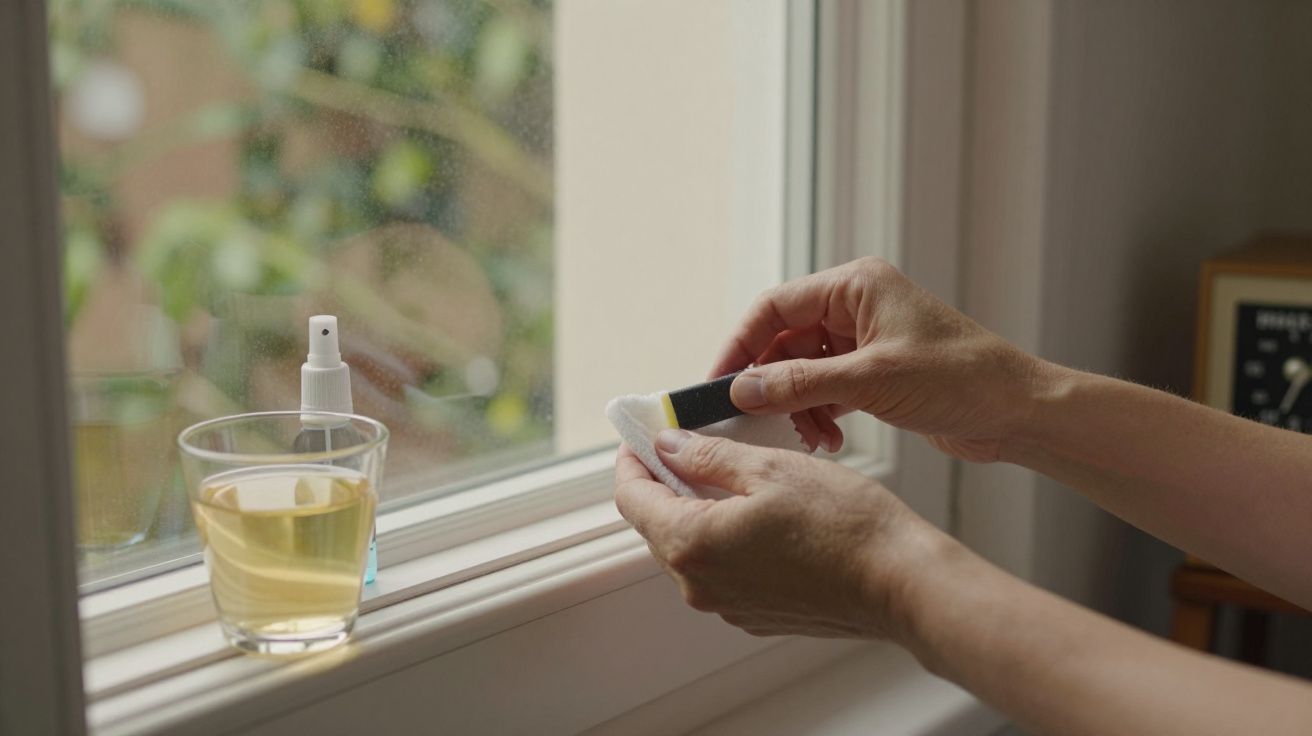 Mãos seguram cotonete perto da janela com copo, spray e relva do lado de fora.
