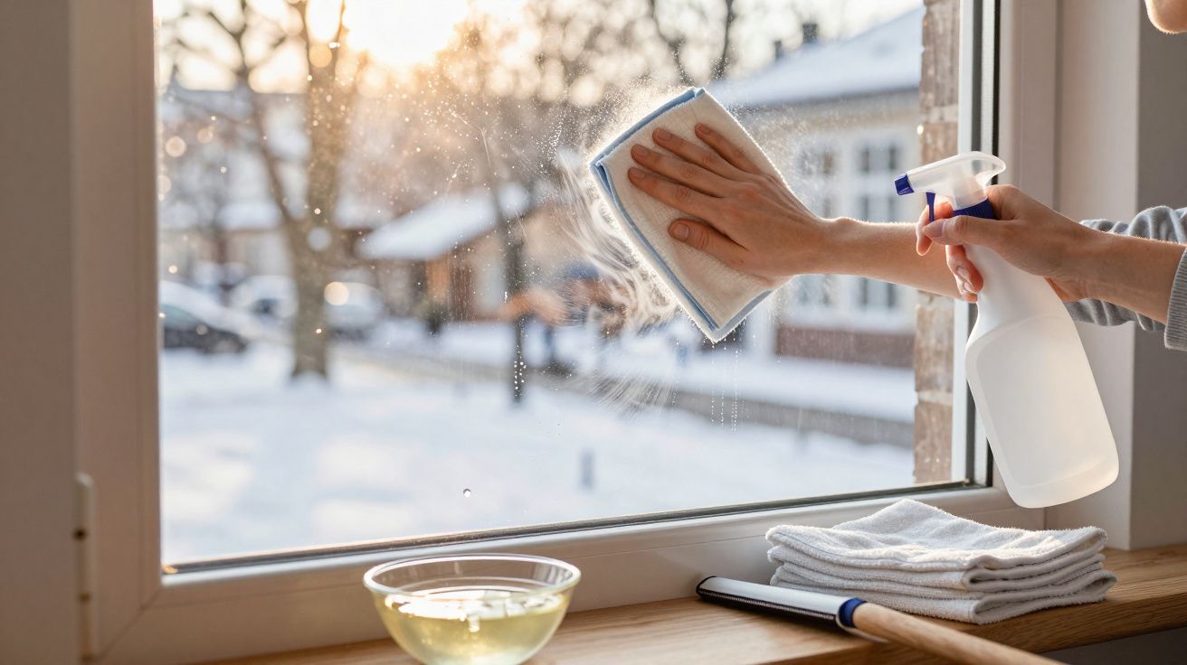 Pessoa limpa janela com pano e spray, vista de paisagem nevada ao fundo.