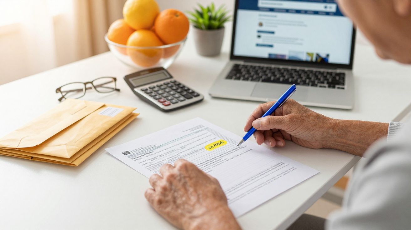Mãos de pessoa com caneta, analisando documentos na mesa com laptop, calculadora, envelopes e tigela de laranjas.