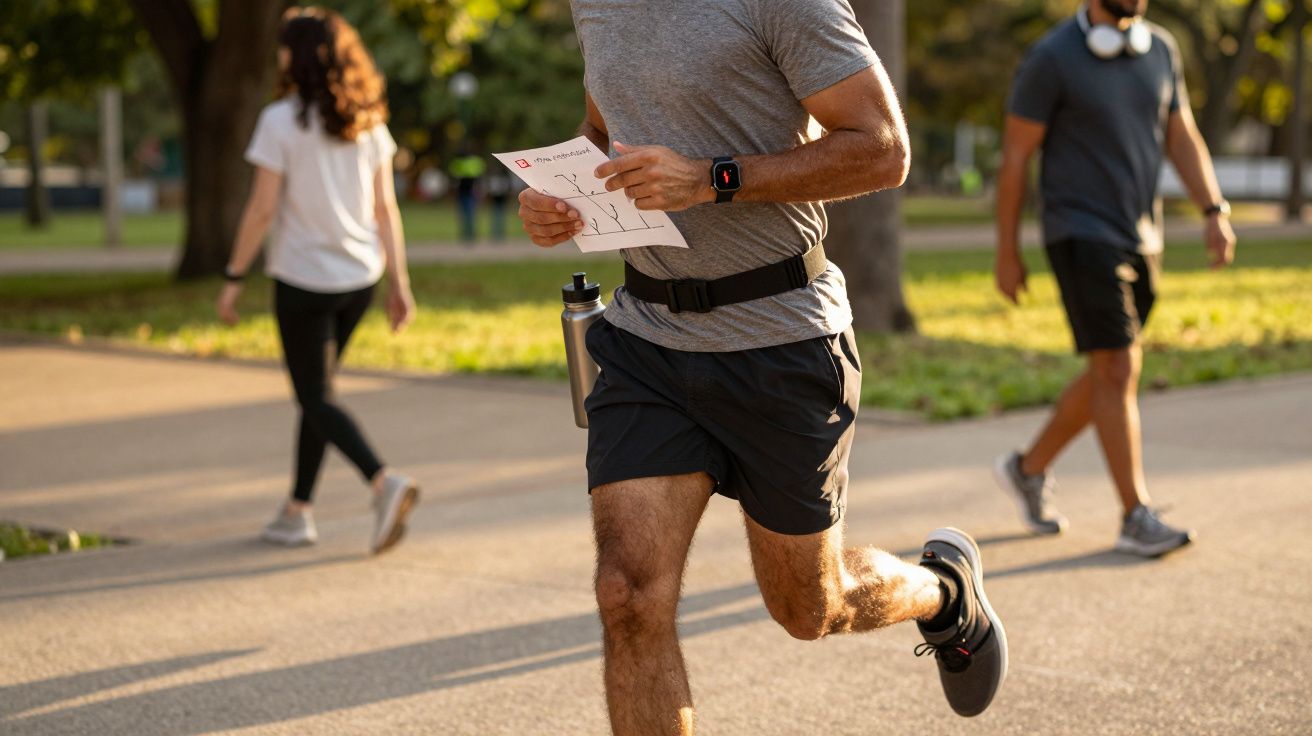 Homem corre num parque segurando um mapa, com fones de ouvido no pescoço, enquanto outras pessoas caminham.