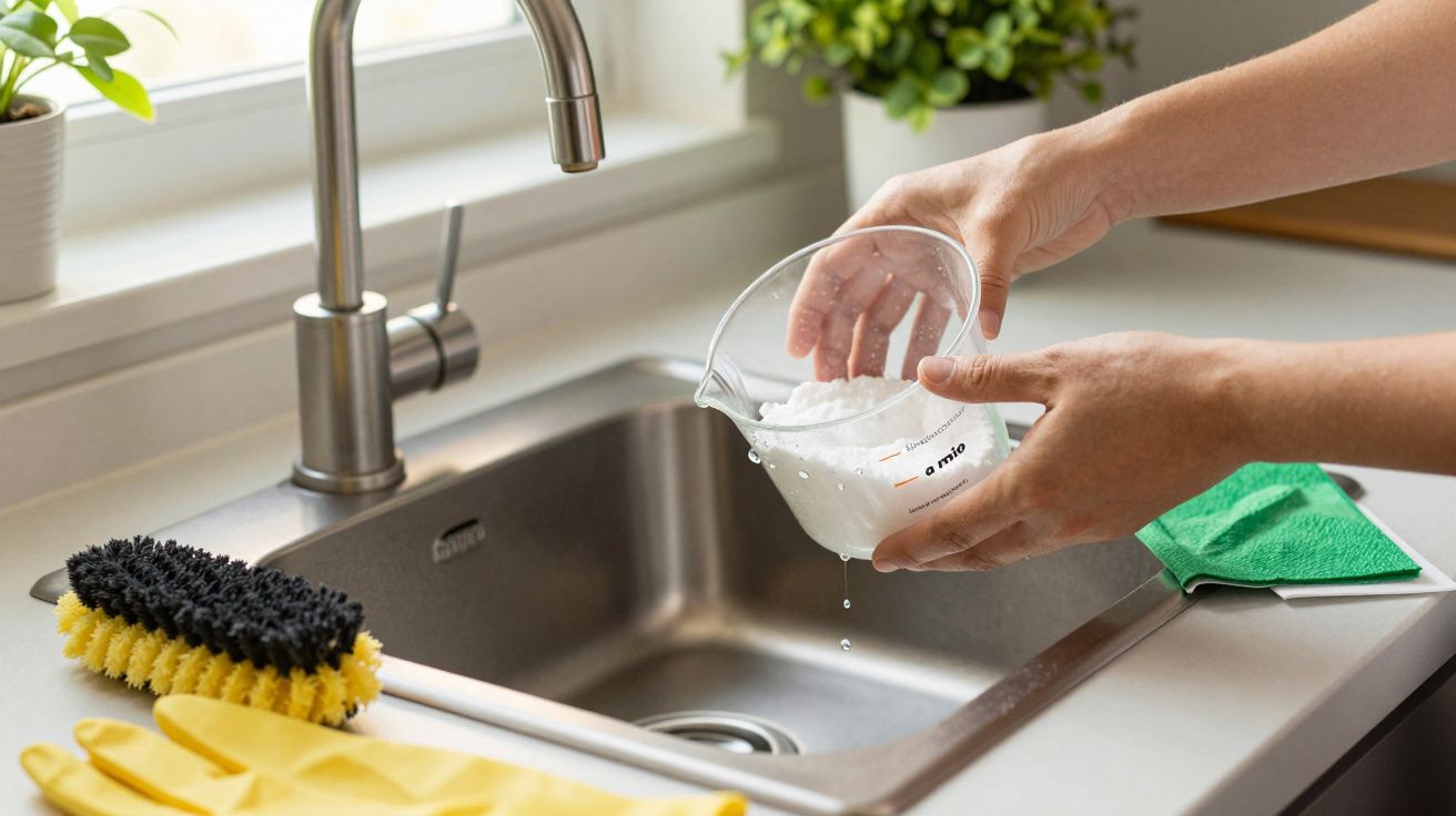 Mãos despejando líquido num lava-loiça com pia metálica, perto de escova, luvas e pano verde.