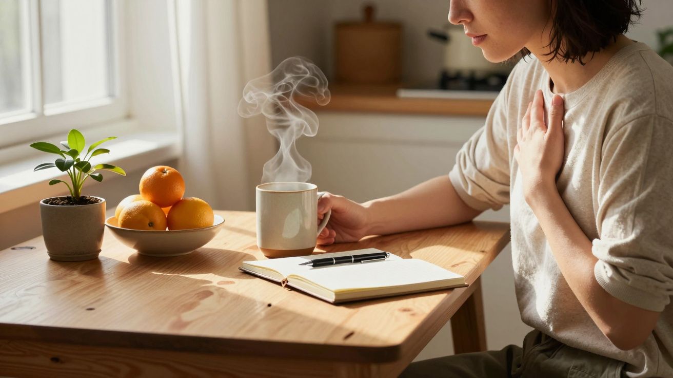 Pessoa sentada à mesa com chávena de chá quente, bloco de notas e caneta, ao lado de uma planta e uma taça de laranjas.