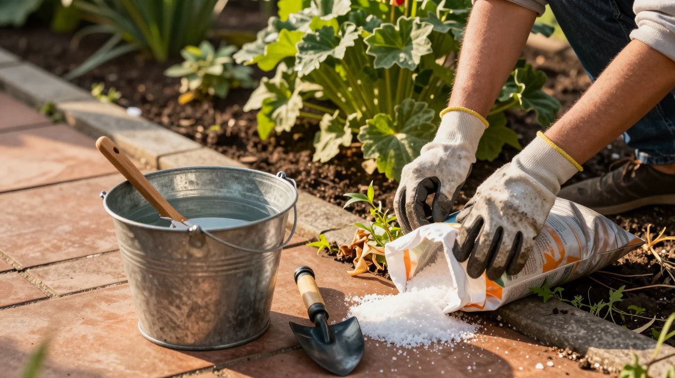 Pessoa de luvas despeja fertilizante no jardim, com balde e pá ao lado.