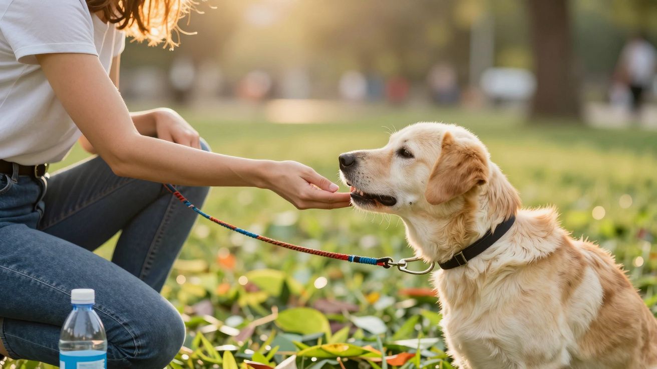 Pessoa a acariciar um cão dourado num parque ensolarado, com uma garrafa de água ao lado.
