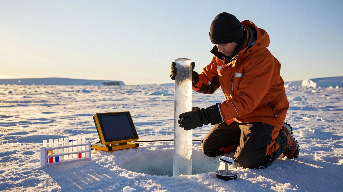 Investigador em roupas de inverno recolhe amostra de gelo no Ártico, com equipamento científico ao lado.