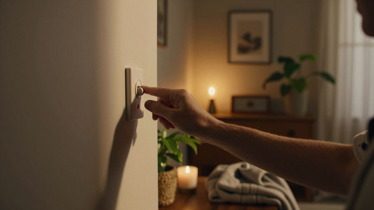 Mão a ligar um interruptor de luz, numa sala aconchegante com plantas, vela acesa e decoração de fundo.