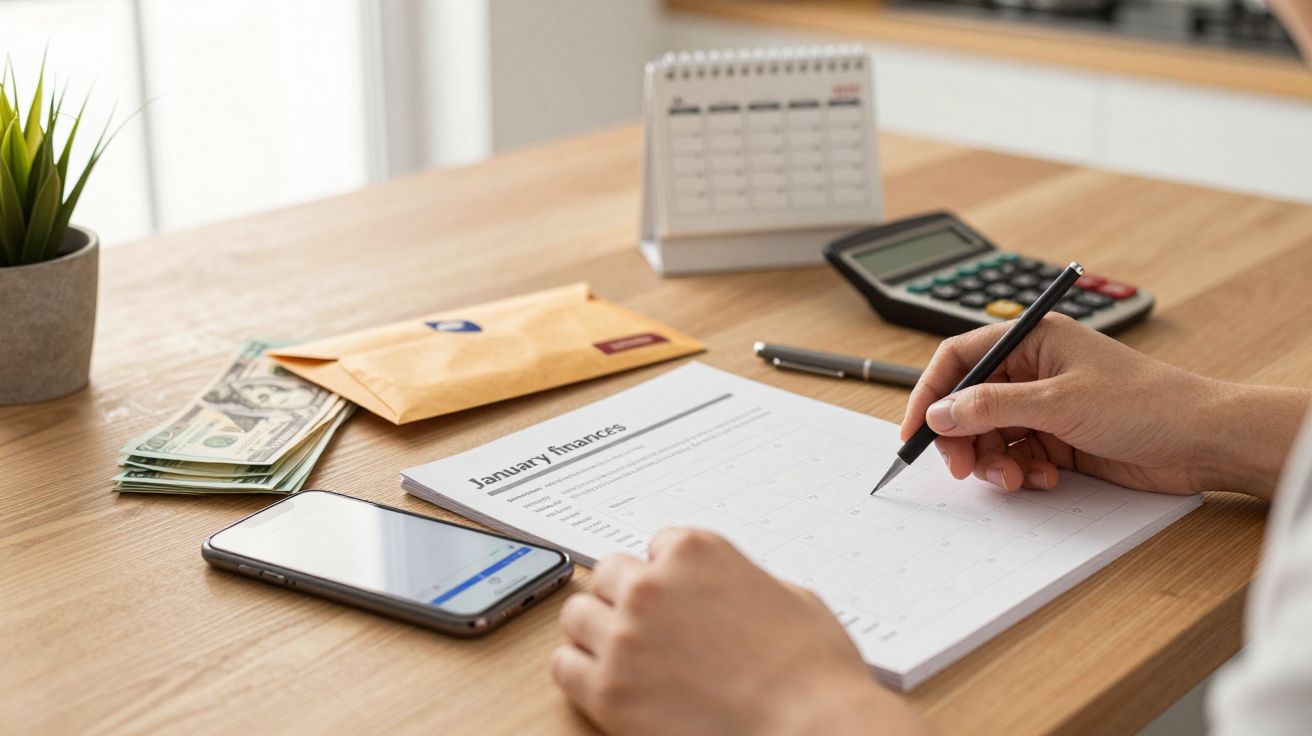 Pessoa a preencher um calendário financeiro numa mesa com telemóvel, dinheiro, envelope, calculadora e calendário.