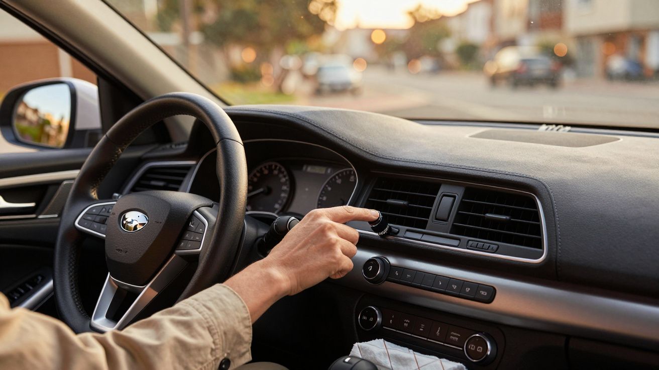 Pessoa ajusta o ar-condicionado enquanto conduz carro numa rua residencial ao entardecer.