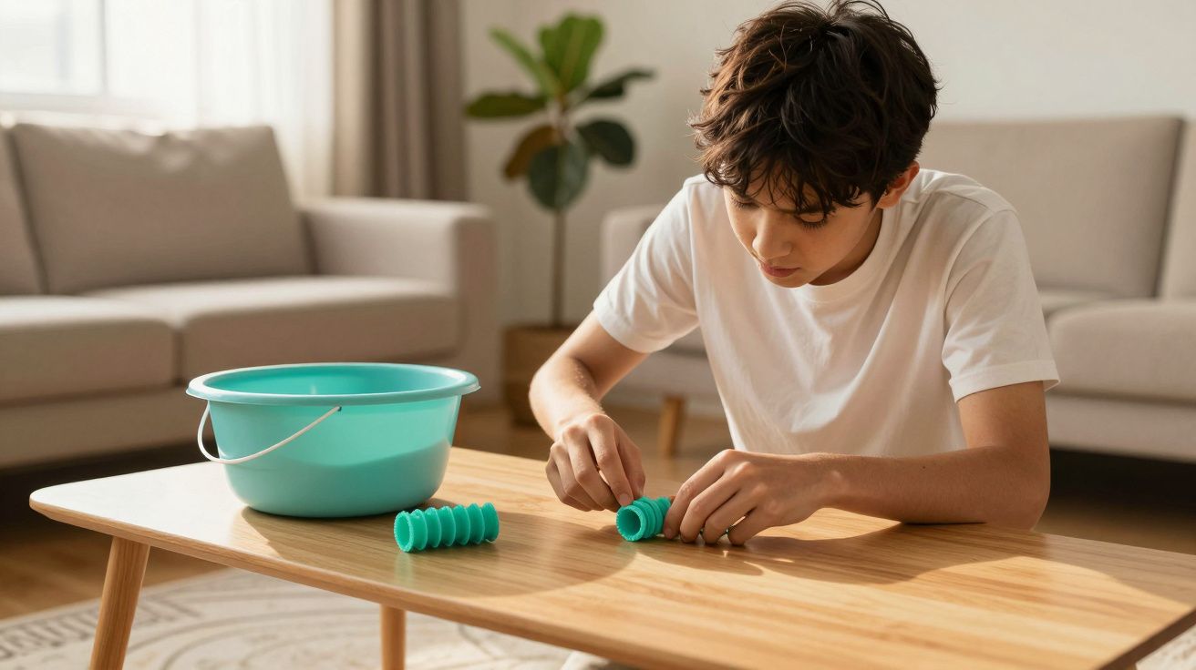 Jovem sentado a uma mesa de madeira montando peças verdes, com uma bacia azul ao lado, numa sala de estar iluminada.
