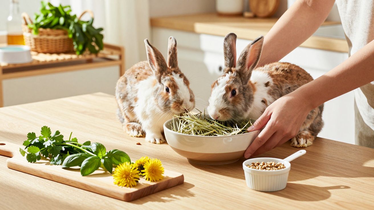 Dois coelhos comem feno de uma tigela numa cozinha, enquanto ervas frescas estão numa tábua ao lado.