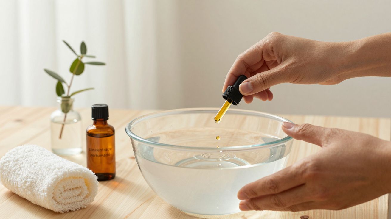 Mãos acrescentam óleo a uma tigela de água sobre mesa de madeira, com toalha, frasco âmbar e ramo decorativo ao fundo.