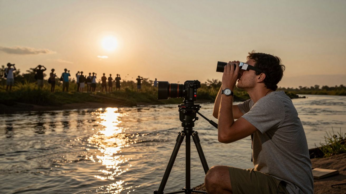 Homem observa com binóculos junto a uma câmara em tripé ao lado de um rio, ao pôr do sol, com pessoas ao fundo.