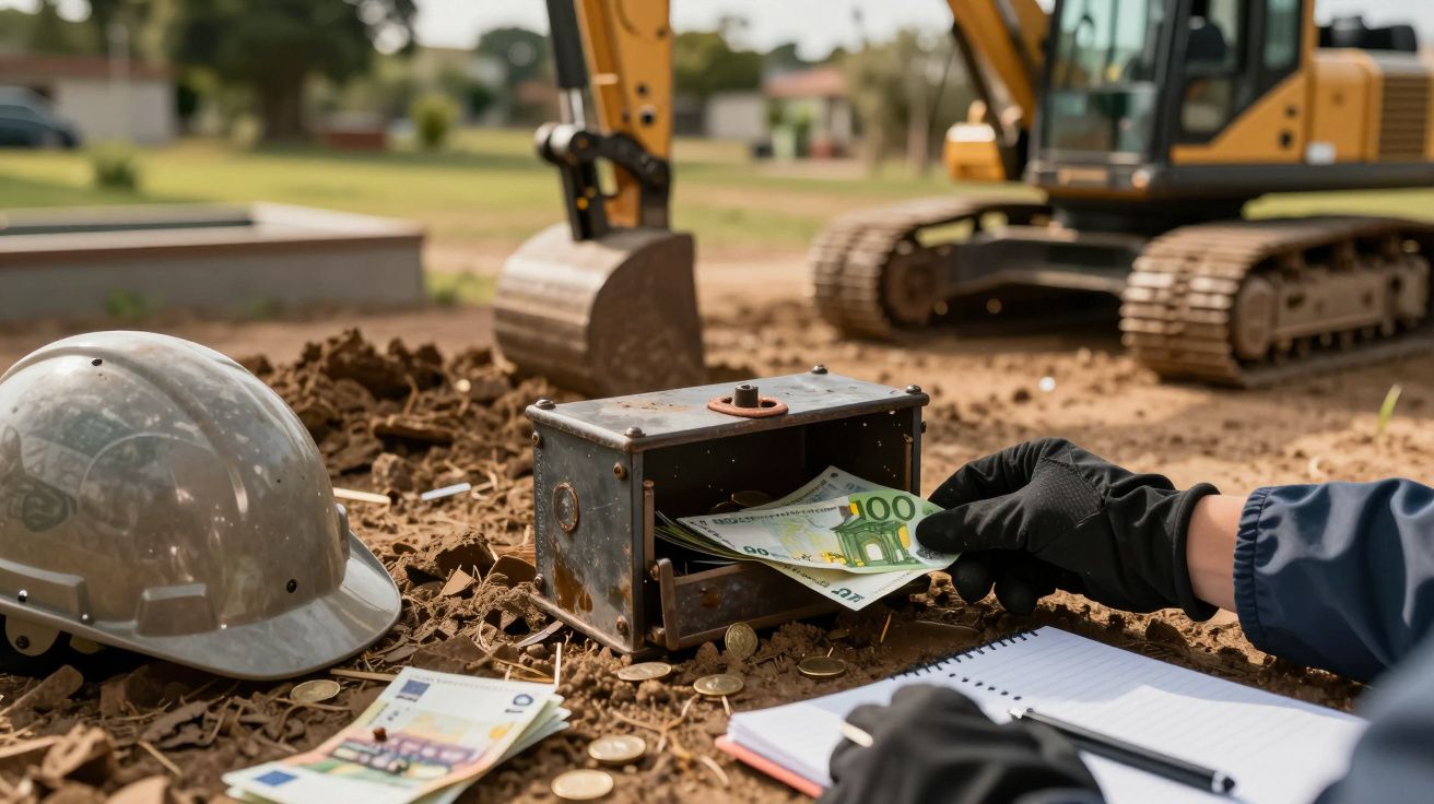 Cofre com notas de euro descoberto num terreno em obras, ao lado de uma retroescavadora e um capacete.