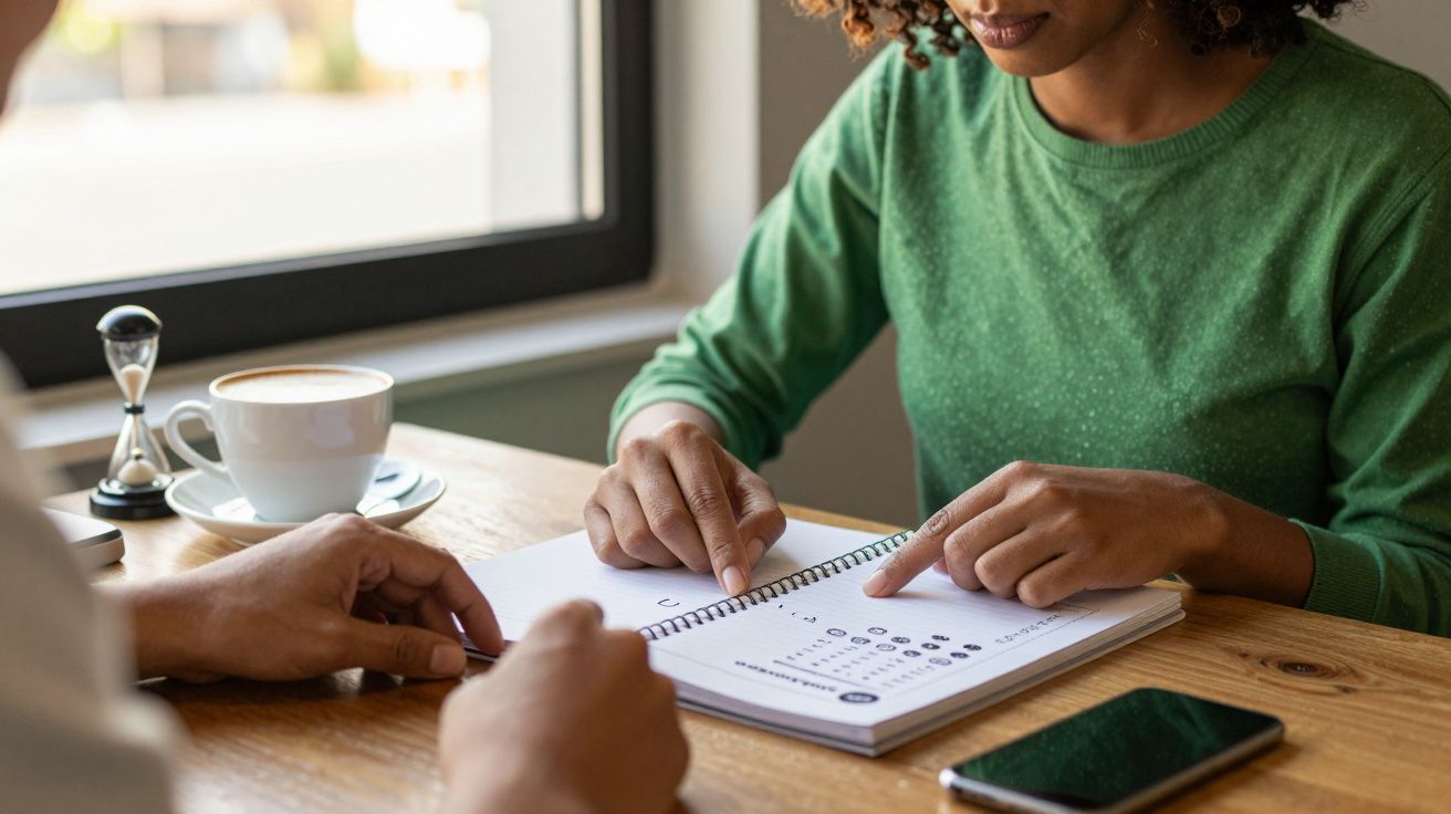 Pessoas analisam um documento em espiral sobre uma mesa com café e smartphone, junto a uma ampulheta.