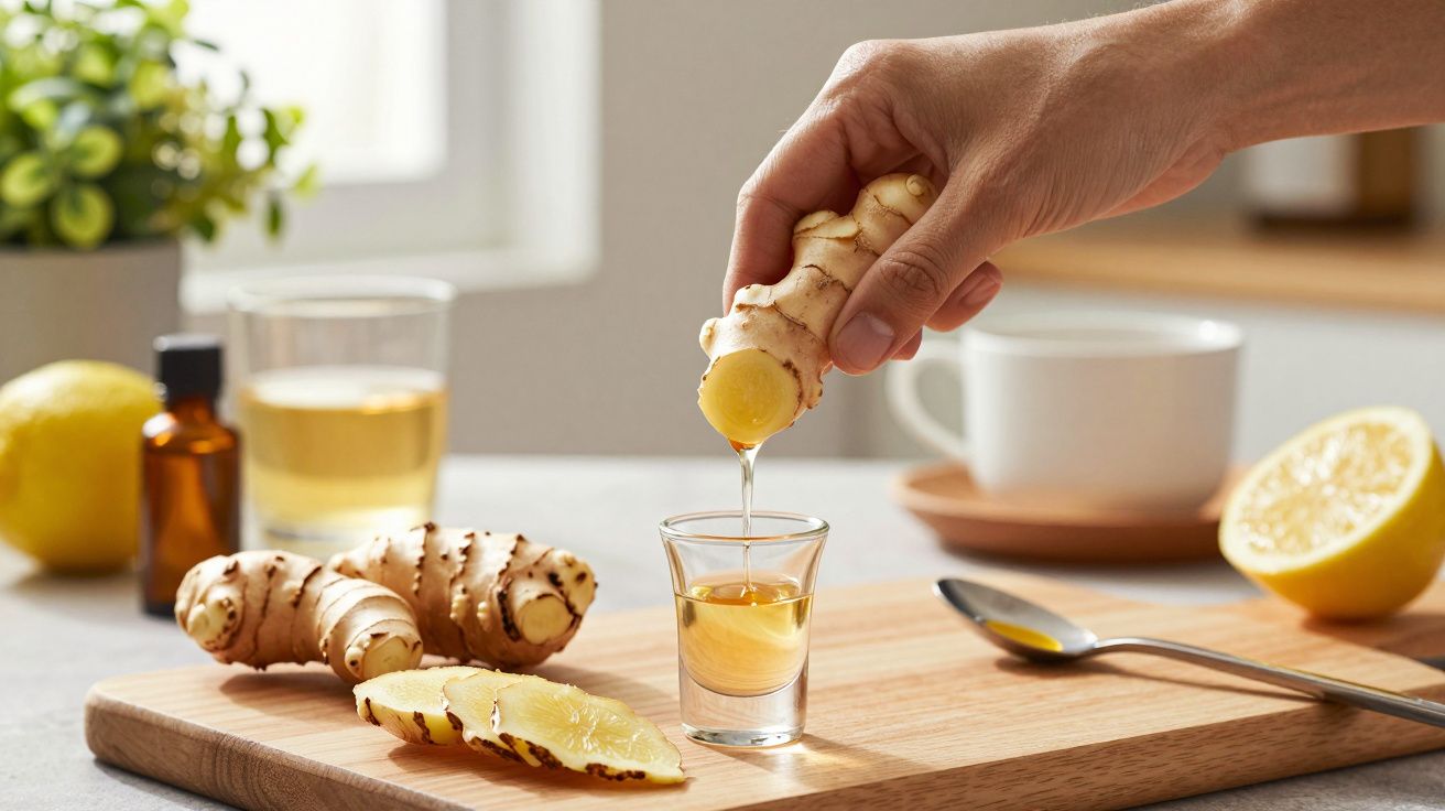 Mão espreme gengibre sobre copo em tabua com fatias de limão. Chavena e planta no fundo.