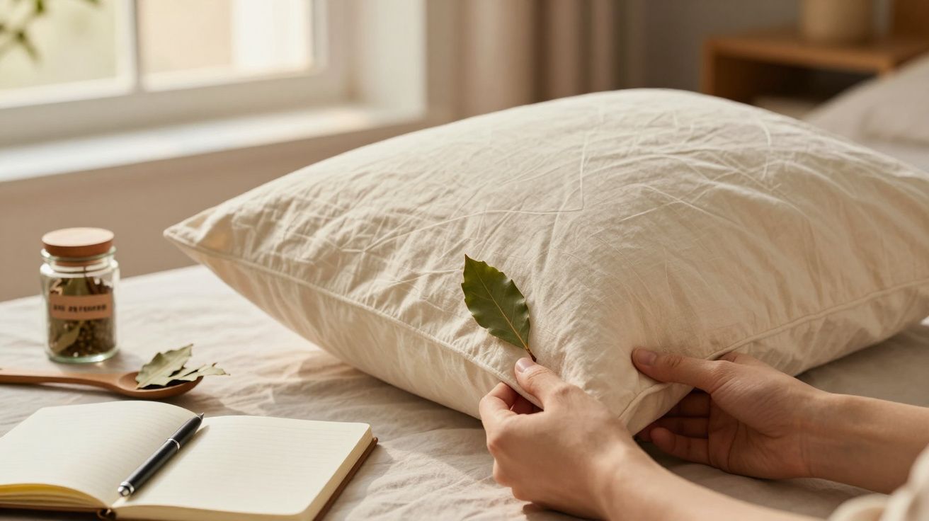 Mãos segurando almofada branca com folha verde; mesa com bloco de notas, caneta e frasco ao fundo.