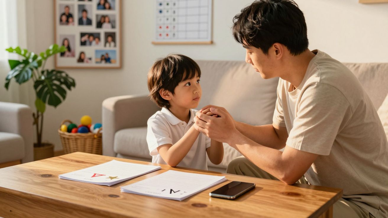 Pai e filho conversam e seguram as mãos junto a uma mesa com papéis em casa, ambiente acolhedor.