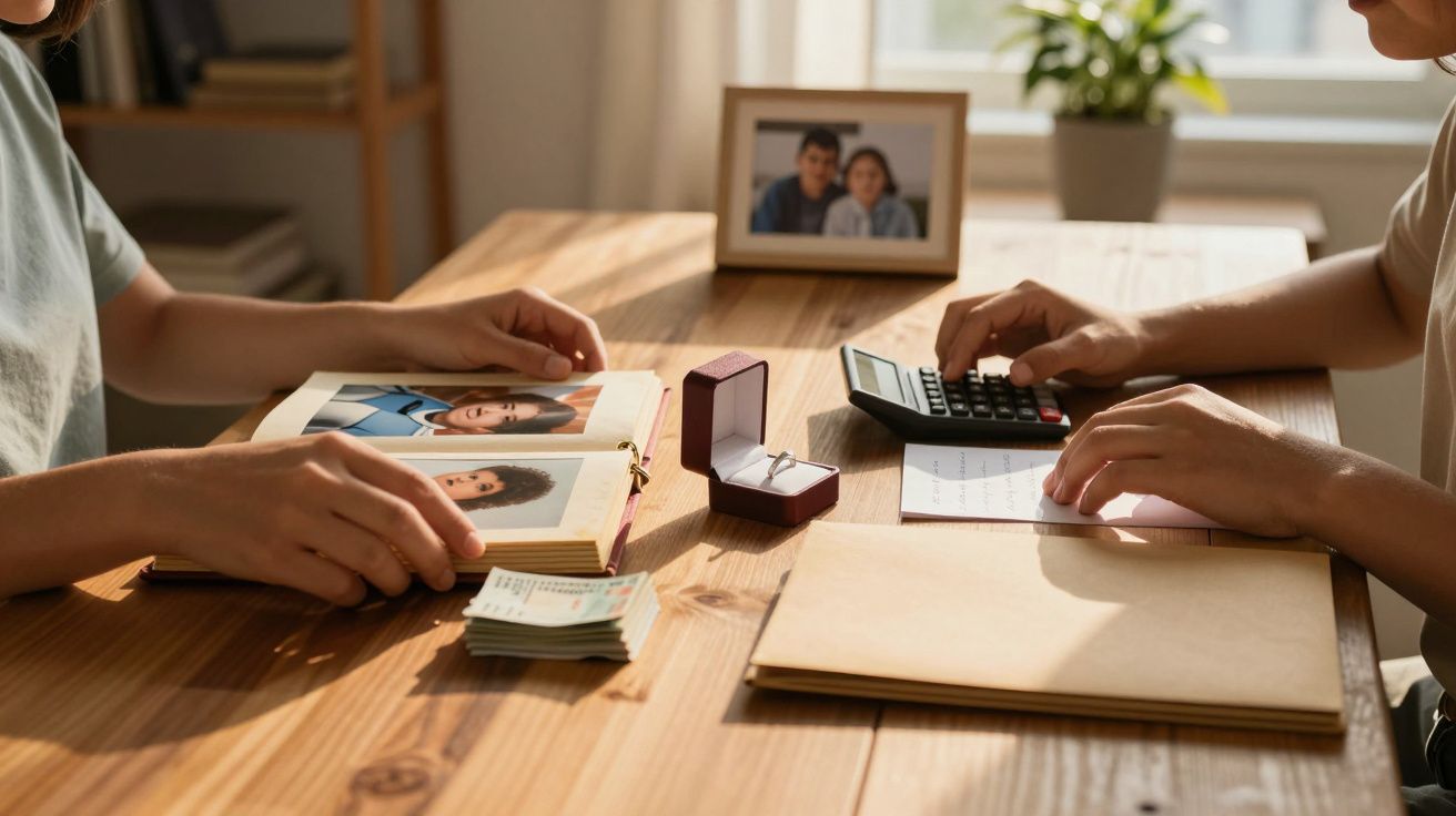 Duas pessoas organizam fotos e documentos numa mesa, com uma calculadora e uma caixa de anel ao centro.
