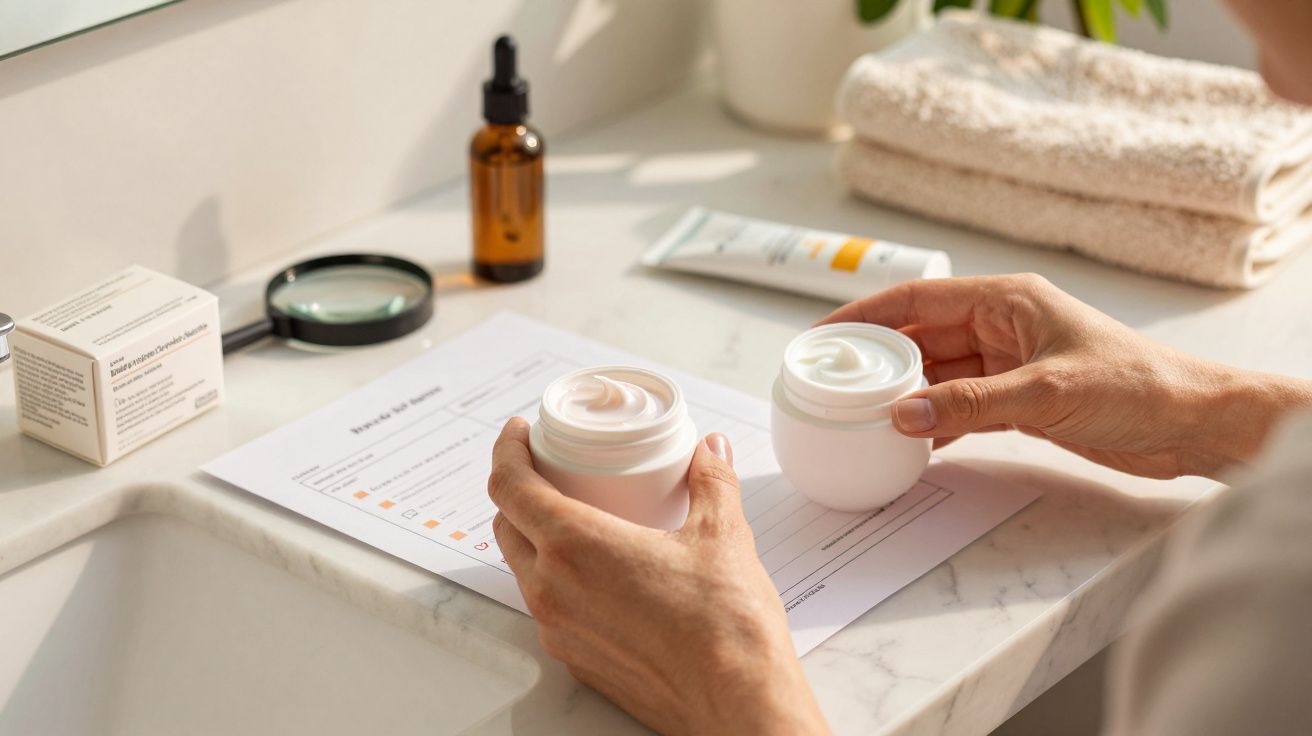 Mãos segurando dois potes de creme em cima de uma bancada com produtos de skincare ao fundo.