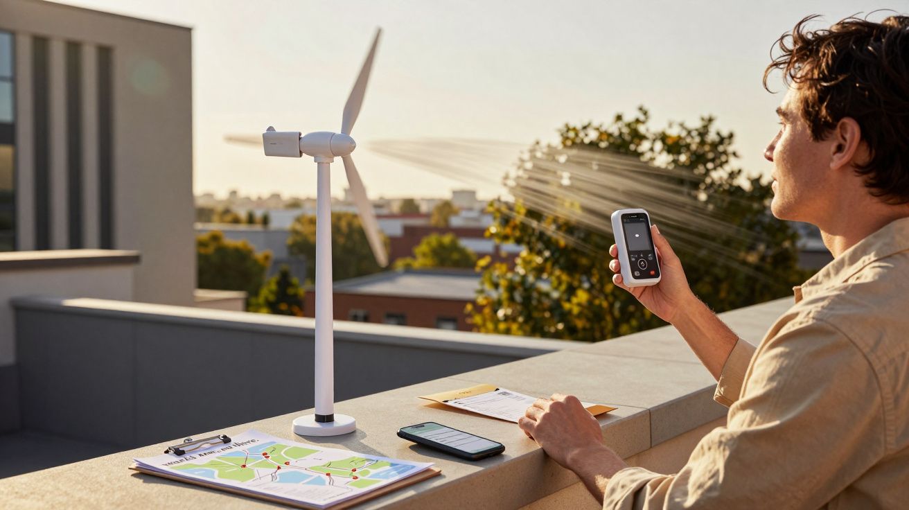Homem observando turbina eólica em miniatura numa varanda, segurando um dispositivo, com árvores ao fundo.