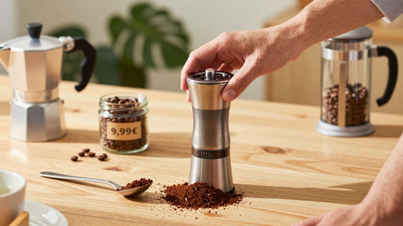 Pessoa a moer café num moedor manual em cima de uma mesa de madeira, com cafeteiras e frasco de grãos ao redor.