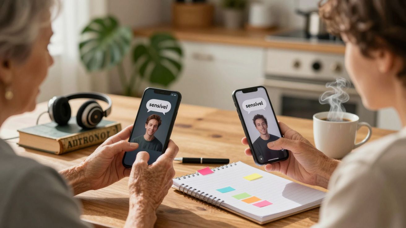 Duas pessoas seguram telemóveis com a mesma imagem de homem; mesa com caderno, chávena e auscultadores.