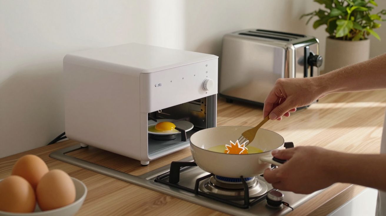 Pessoa a cozinhar ovos numa cozinha moderna, com torradeira e planta ao fundo.