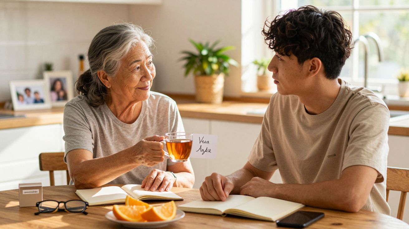 Idosa e jovem conversam à mesa da cozinha com chá e cadernos.