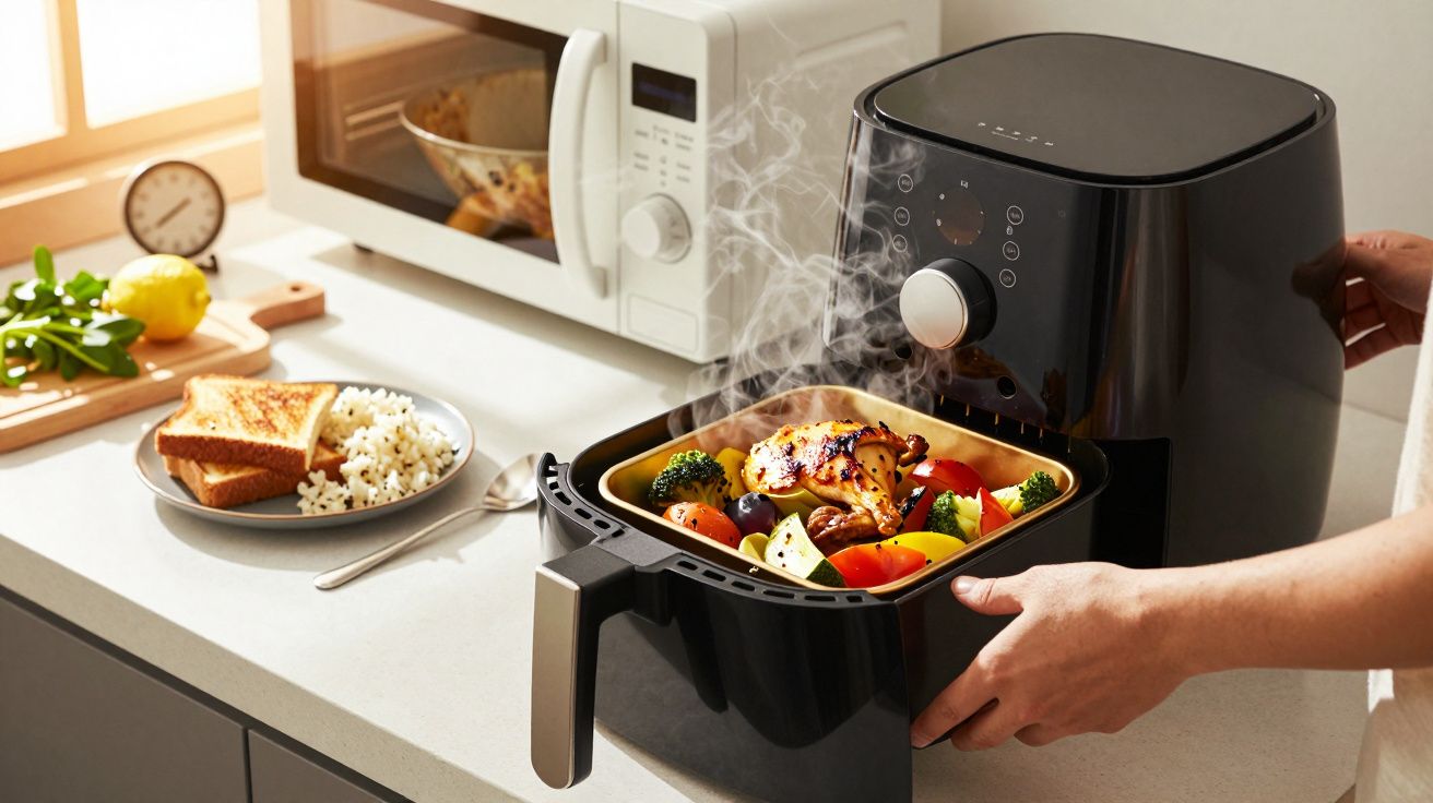 Pessoa retirando cesto de air fryer com legumes e frango, na bancada ao lado de microondas e outros alimentos.