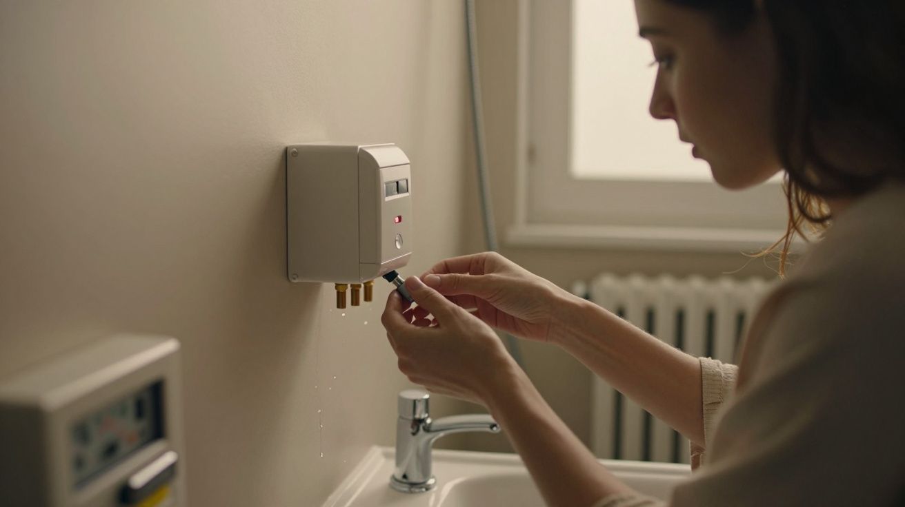 Mulher ajusta dispositivo na parede ao lado de lavatório em banheiro bem iluminado.
