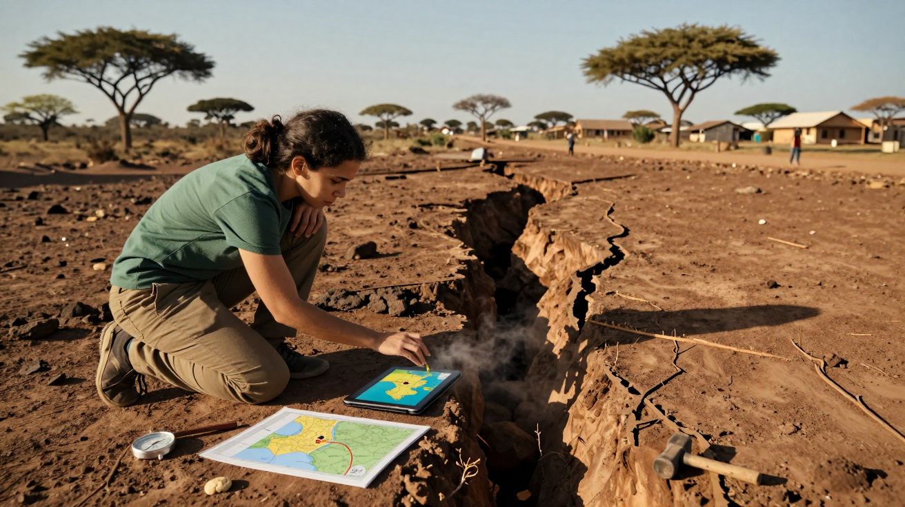 Cientista analisando fissura no solo com tablet e mapa, em ambiente desértico com árvores e casas ao fundo.