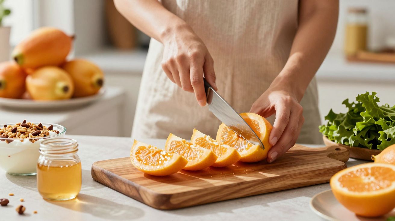 Pessoa a cortar laranja em tábua de madeira, com mel, frutos secos e alface na cozinha iluminada pelo sol.