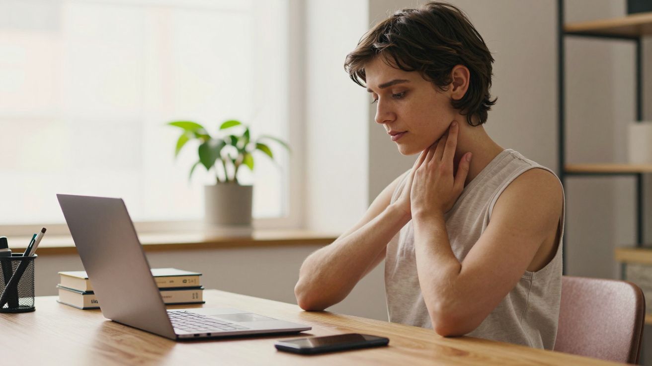 Pessoa sentada à mesa com laptop, olhando preocupada, mãos no pescoço. Planta e livros ao fundo.