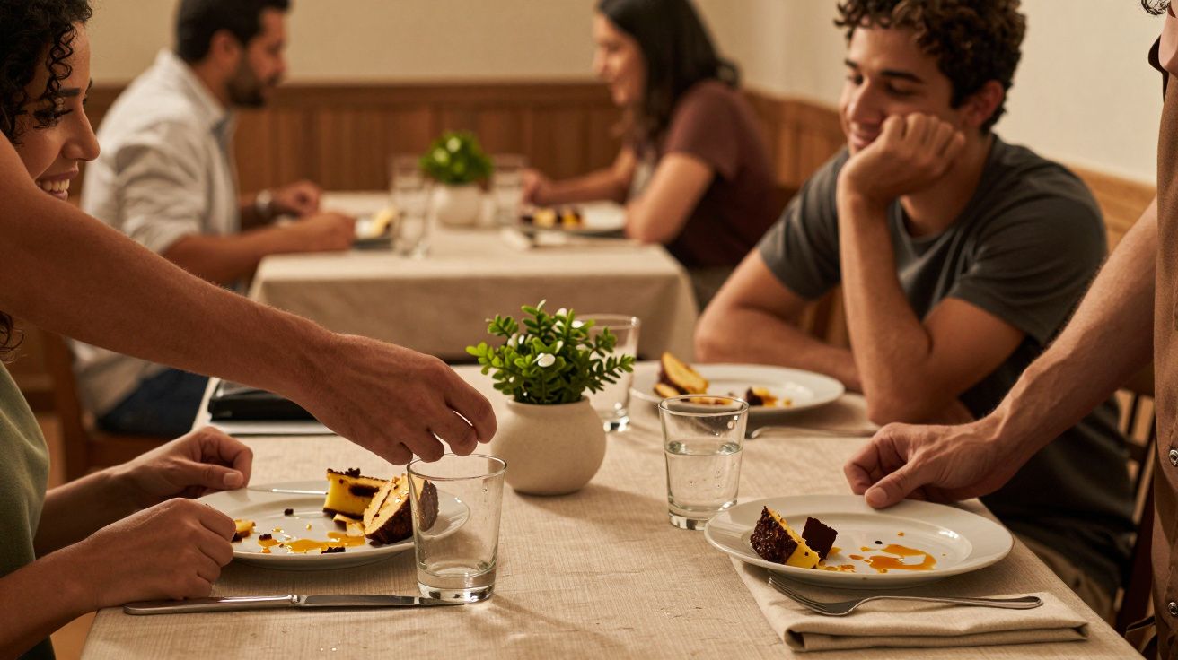 Pessoas a jantar num restaurante, com pratos de sobremesa e copos de água sobre a mesa decorada com planta pequena.