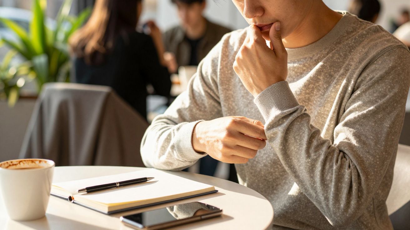 Homem a olhar para o relógio numa mesa de café com caderno, caneta e chávena de café ao lado.