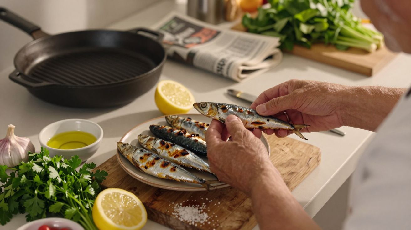 Mãos segurando sardinha grelhada acima de prato com mais sardinhas, ao lado de limão, salsa e frigideira.